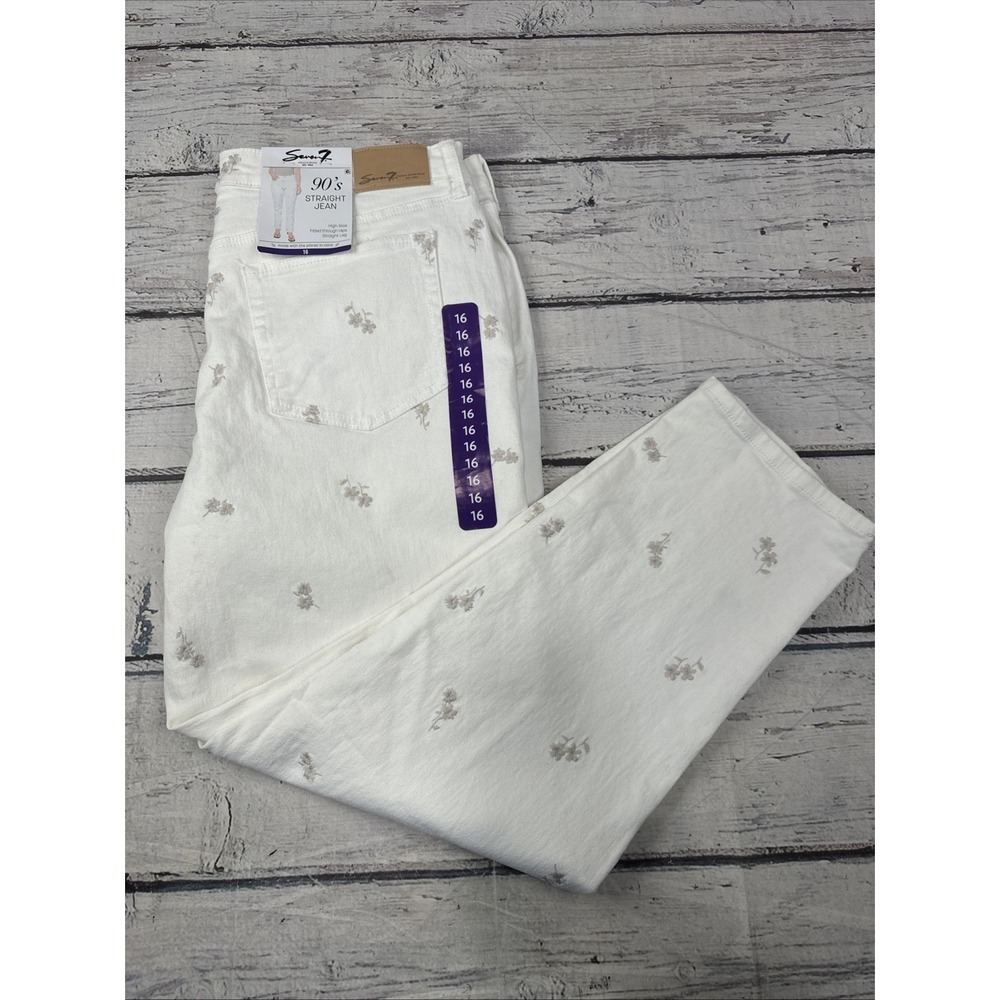 Seven7 Women's 90's Straight Jean Size 16 Cream with floral print Stretch NWT